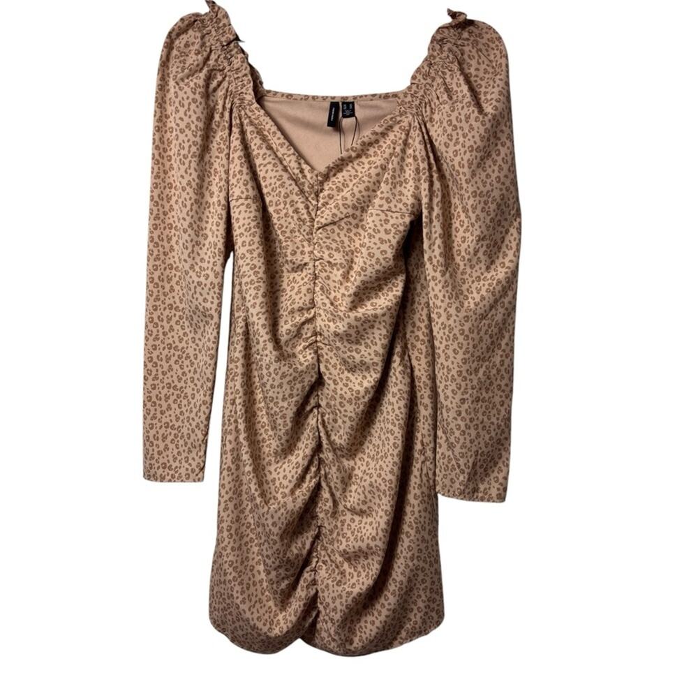 VERO MODA CENTER RUCHING ANIMAL PRINT LONG SLEEVE LINED WOMEN DRESS SIZE XS